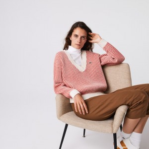 Suéteres Lacoste Feminino Vermelhas Bege Two-Tone Low V-Neck Ribbed Wool ZZ8-53715H6