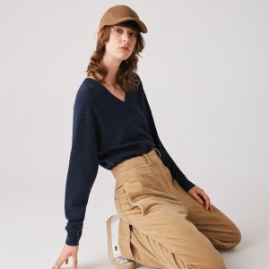 Suéteres Lacoste Feminino Azuis V-Neck Wool VO2-49254D2