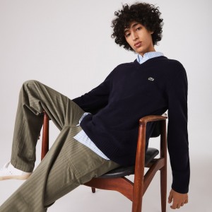 Suéteres Lacoste Masculino Azul Marinho Azuis V-Neck Wool FP5-36383P5