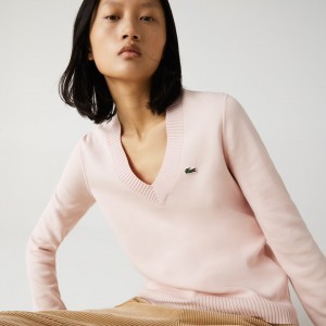 Suéteres Lacoste Feminino Luz Rosa Branco V-neck Organic Cotton BJ5-80478B9
