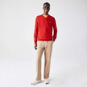 Suéteres Lacoste Masculino Vermelhas V-neck Organic Cotton YL2-09730J0