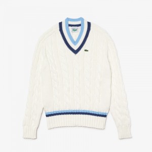 Suéteres Lacoste Masculino Branco Azuis V-neck Striped-Trim Cable-Knit XP9-71727O3