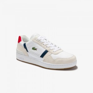 Tenis Lacoste Masculino Branco Azul Marinho Vermelhas T-Clip Tricolour Leather and Suede NY8-33193F3