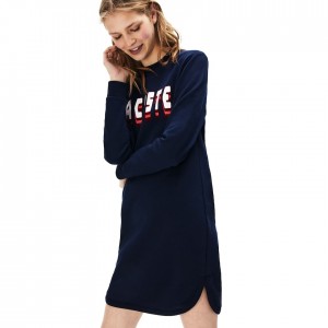 Vestido Lacoste Feminino Azul Marinho Azuis 3D-Lettering Fleece Sweatshirt YZ8-60156C1