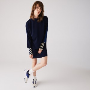 Vestido Lacoste Feminino Azul Marinho Azuis Azuis Crew Neck Flowy CM0-70047L8