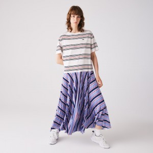 Vestido Lacoste Feminino Roxo Azul Marinho Azuis Branco Vermelhas Luz Rosa Dissimilar Striped Pleated Jersey T-shirt SJ4-40204N6