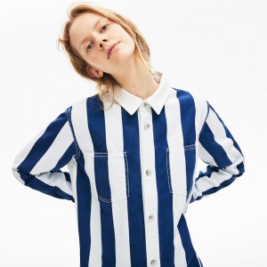 Vestido Lacoste Feminino Branco Azul Marinho Azuis LIVE Striped Cotton Shirtdress GV6-07590U9