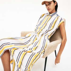Vestido Lacoste Feminino Branco Azul Marinho Azuis Amarelas Luz Marrom Long Striped Shirtdress EV5-70797L0