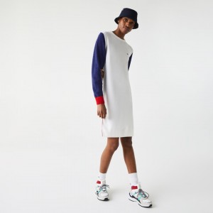 Vestido Lacoste Feminino Branco Azuis Vermelhas Made In France Tricolour Wool Sweater BC2-51755M6