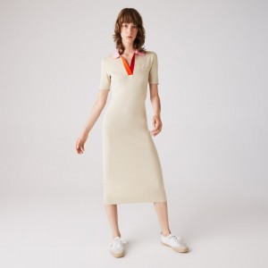 Vestido Lacoste Feminino Bege Rosa Vermelhas Polo Collar Two-Tone Cotton Knit Long Sweater QQ5-99199E5
