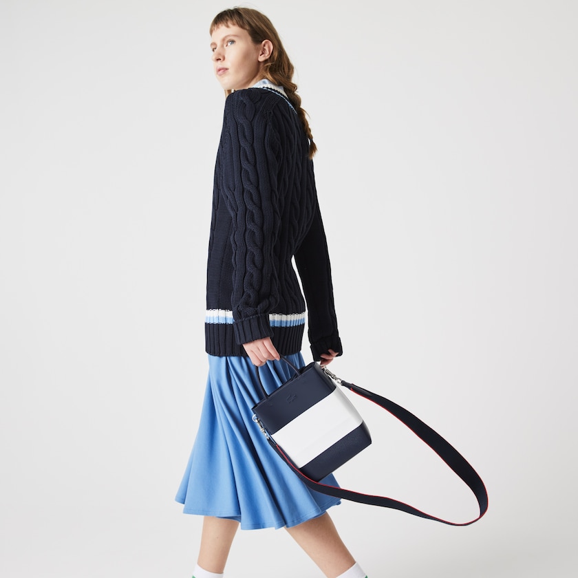 Bolsas Lacoste Feminino Azul Marinho Branco Vermelhas Chantaco Rectangular Color Blocked Piqué Leather Bucket Bag ON1-45064Z2