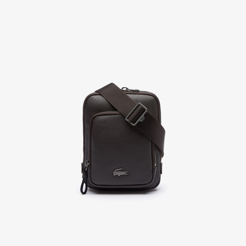 Bolsas Lacoste Masculino Marrom Escuro Soft Mate Matte Full-Grain Leather Small Flat Crossbody Bag YL8-19881Y0