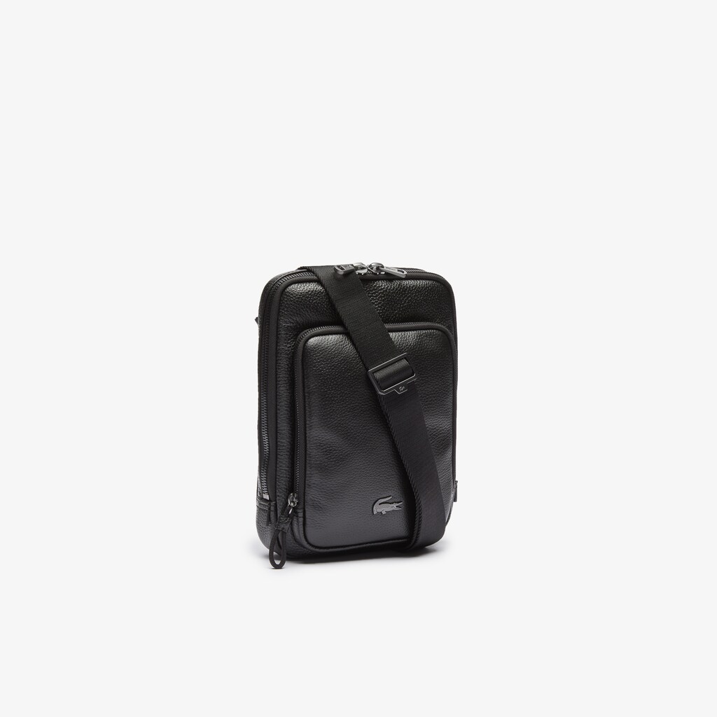 Bolsas Lacoste Masculino Pretas Soft Matte Full-Grain Leather Flat Crossbody Bag CE7-54885M4