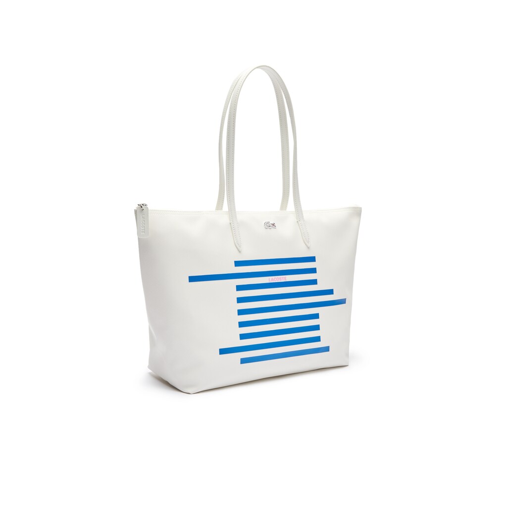 Bolsas Tote Lacoste Feminino Branco Azuis L.12.12 Nautical Stripes Large Coated Canvas CR1-48374X7