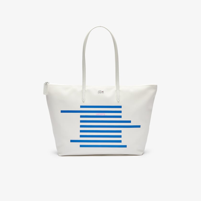 Bolsas Tote Lacoste Feminino Branco Azuis L.12.12 Nautical Stripes Large Coated Canvas CR1-48374X7