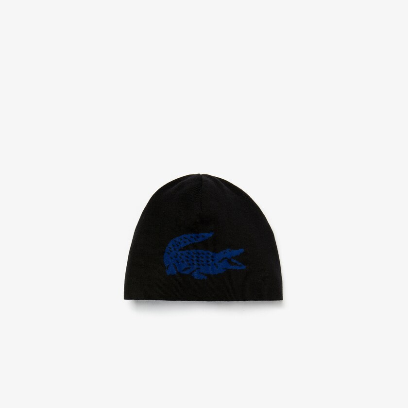 Boné Lacoste Masculino Pretas Azuis Oversized Contrast Crocodile Reversible Wool Beanie RH8-82598C3