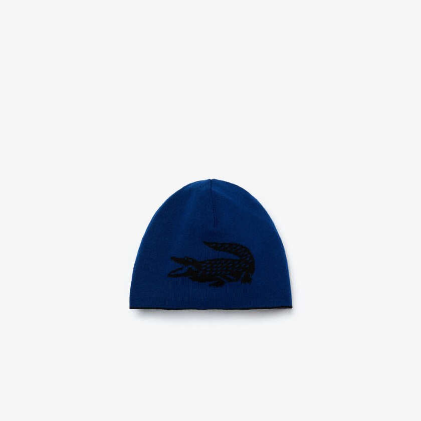 Boné Lacoste Masculino Pretas Azuis Oversized Contrast Crocodile Reversible Wool Beanie RH8-82598C3