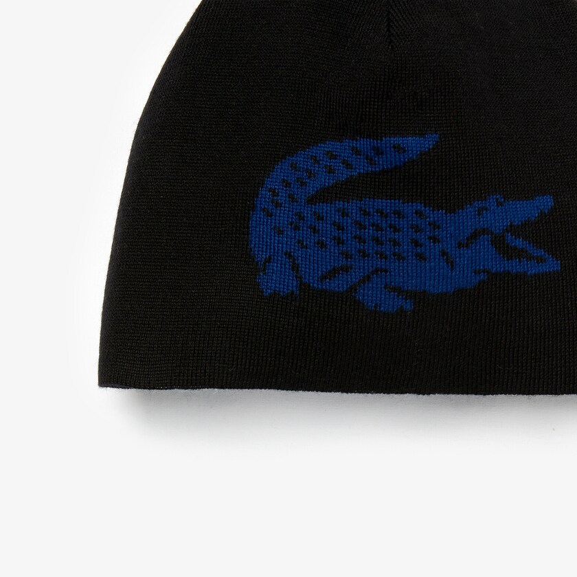 Boné Lacoste Masculino Pretas Azuis Oversized Contrast Crocodile Reversible Wool Beanie RH8-82598C3