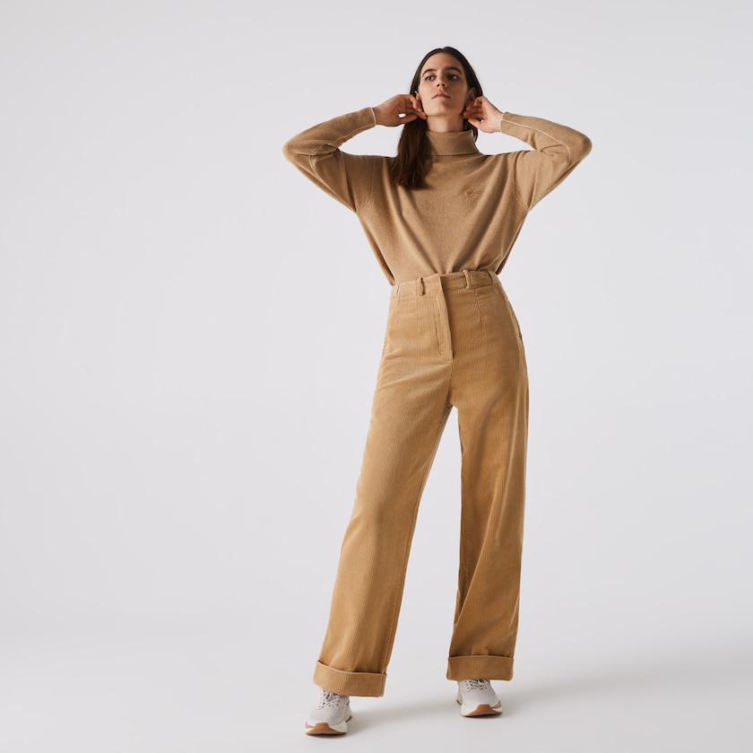 Calças Lacoste Feminino Bege LIVE High-Waisted Loose Ribbed Velvet OH3-94119C6