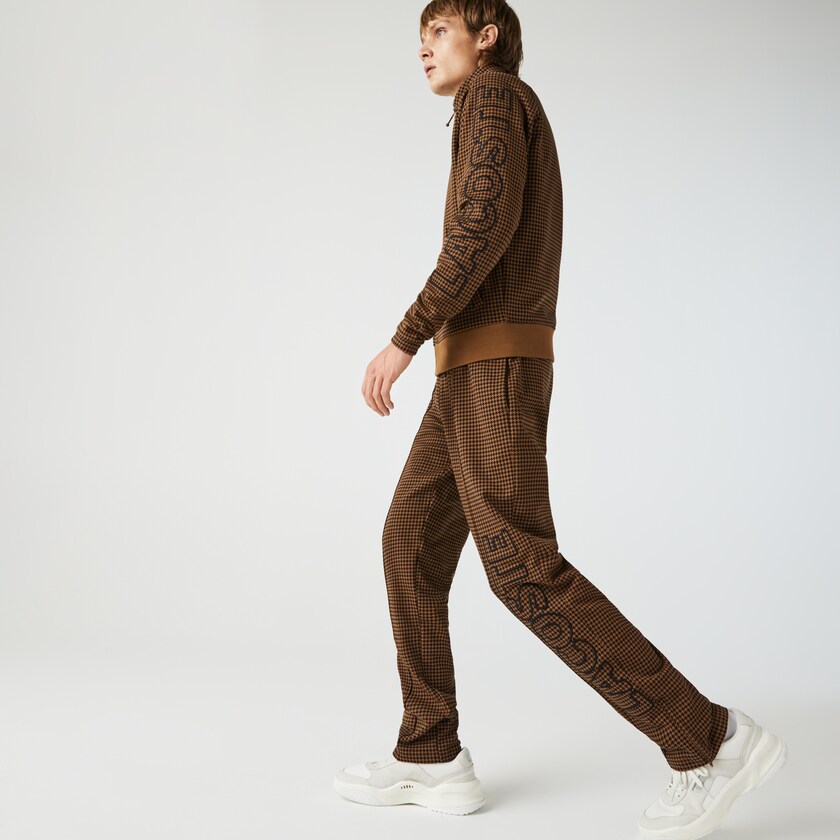 Calças Lacoste Masculino Marrom Pretas LIVE Houndstooth Print Fleece Tracksuit ZV7-46564L0