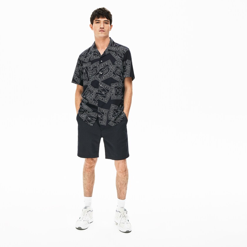 Calção Lacoste Masculino Azul Marinho Azuis Branco Pinstriped Linen- Blend Bermuda OP8-81088Y5