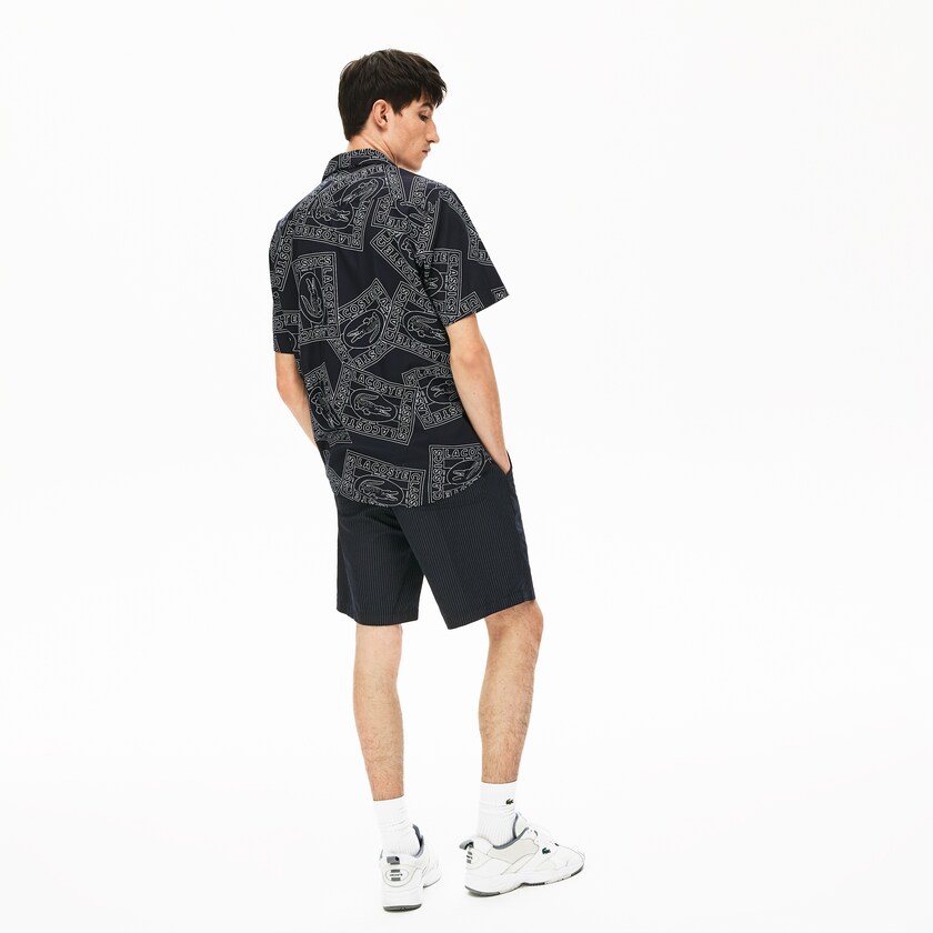 Calção Lacoste Masculino Azul Marinho Azuis Branco Pinstriped Linen- Blend Bermuda OP8-81088Y5
