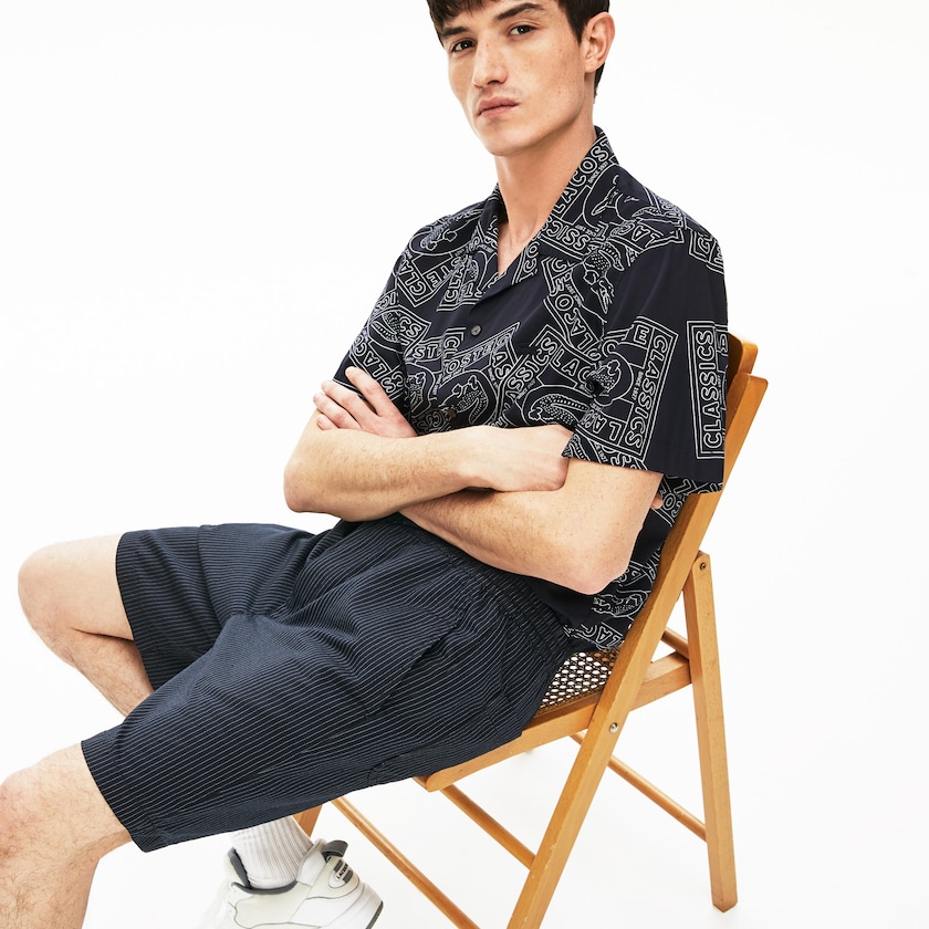 Calção Lacoste Masculino Azul Marinho Azuis Branco Pinstriped Linen- Blend Bermuda OP8-81088Y5