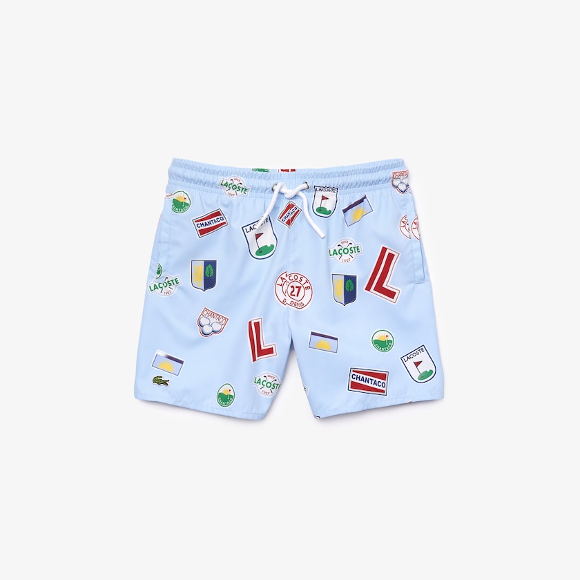 Calção Lacoste Criança Azuis Branco Quick-Drying Badge-Print Swim Trunks HK0-26022B6