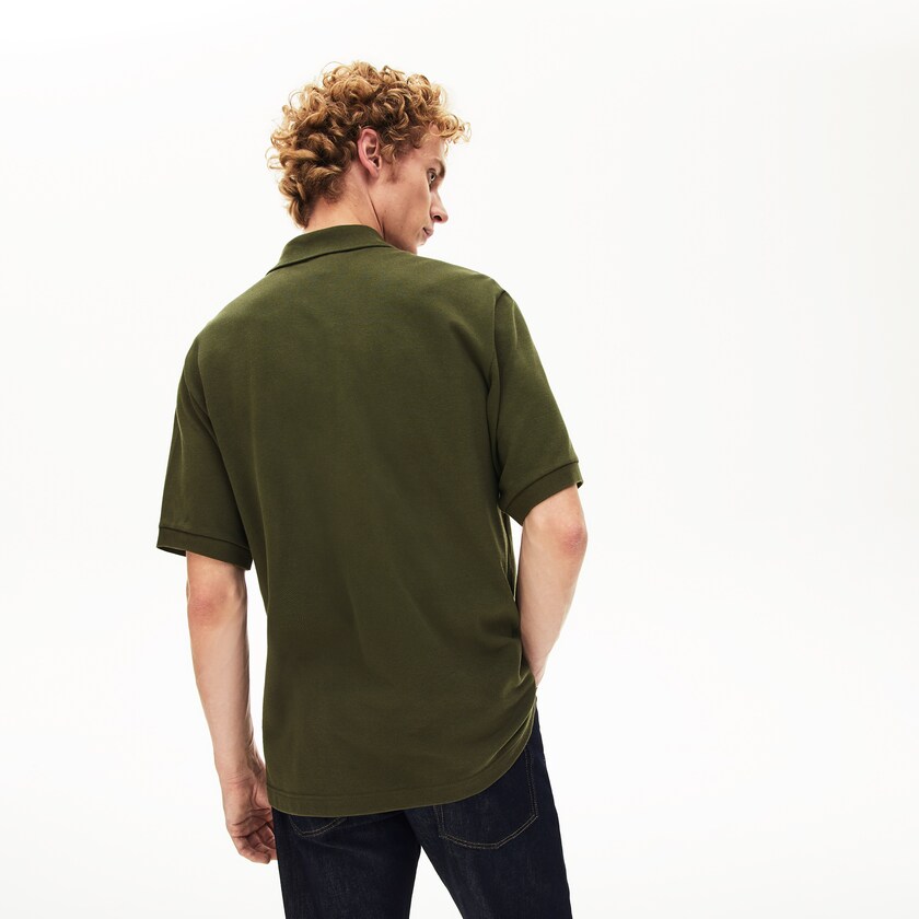 Camisa Polo Lacoste Masculino Caqui Verdes L.12.12 Off-Center Stripe Cotton Piqué XU1-76417G4