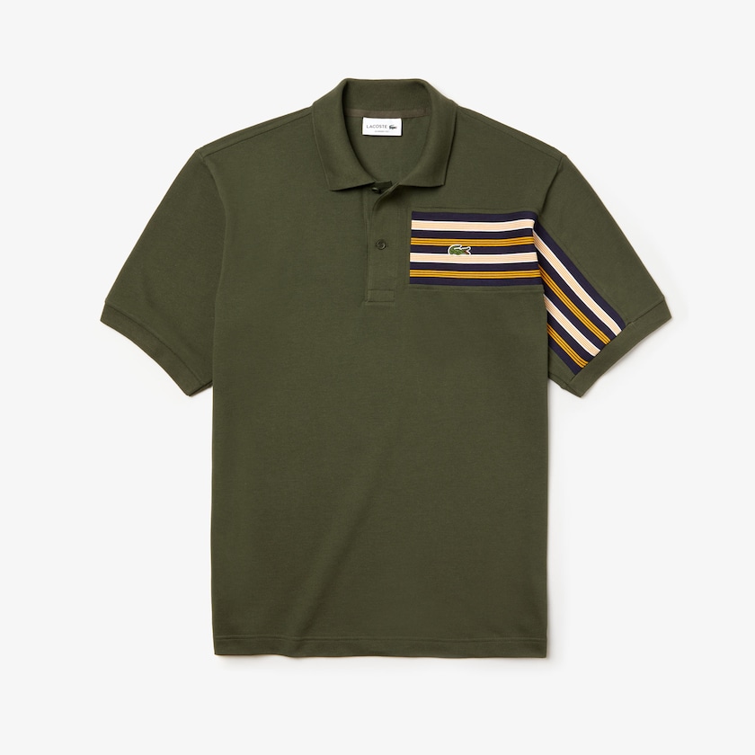 Camisa Polo Lacoste Masculino Caqui Verdes L.12.12 Off-Center Stripe Cotton Piqué XU1-76417G4