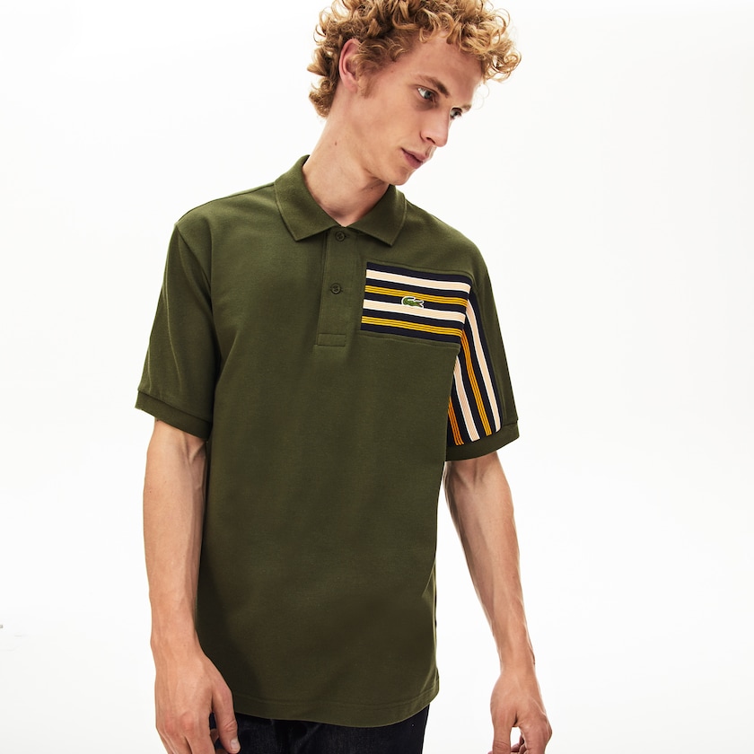 Camisa Polo Lacoste Masculino Caqui Verdes L.12.12 Off-Center Stripe Cotton Piqué XU1-76417G4