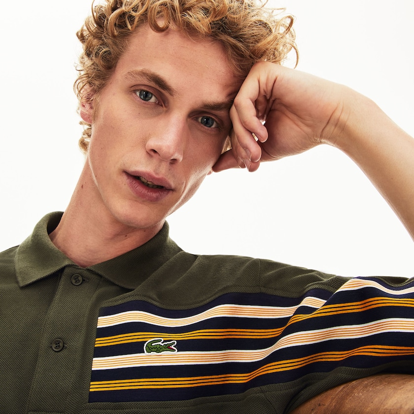 Camisa Polo Lacoste Masculino Caqui Verdes L.12.12 Off-Center Stripe Cotton Piqué XU1-76417G4