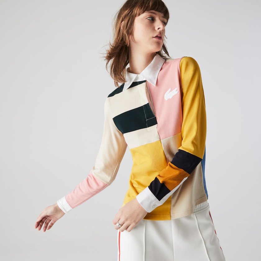 Camisa Polo Lacoste Feminino Bege Branco LIVE Colorblock Rugby VI0-52245I7