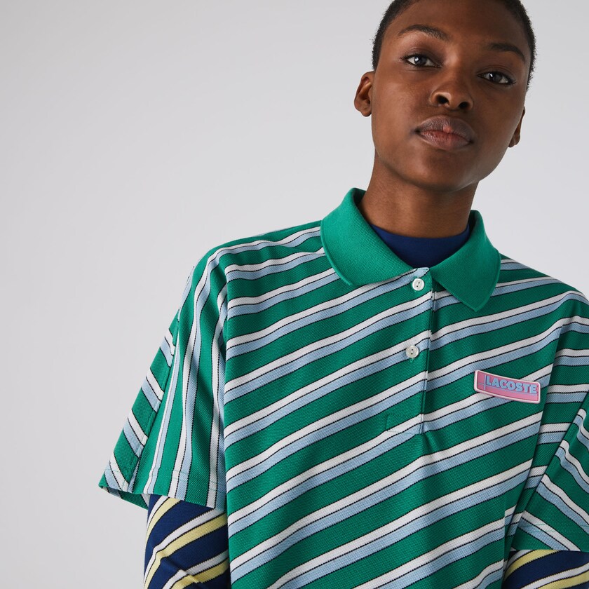 Camisa Polo Lacoste Feminino Verdes Branco LIVE Loose Fit Badge Striped Cotton Piqué WU6-17491P4