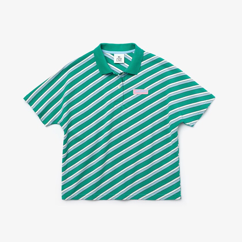 Camisa Polo Lacoste Feminino Verdes Branco LIVE Loose Fit Badge Striped Cotton Piqué WU6-17491P4