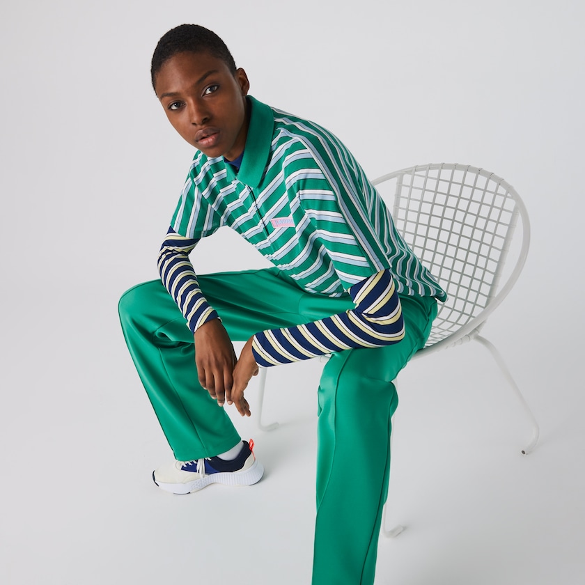 Camisa Polo Lacoste Feminino Verdes Branco LIVE Loose Fit Badge Striped Cotton Piqué WU6-17491P4