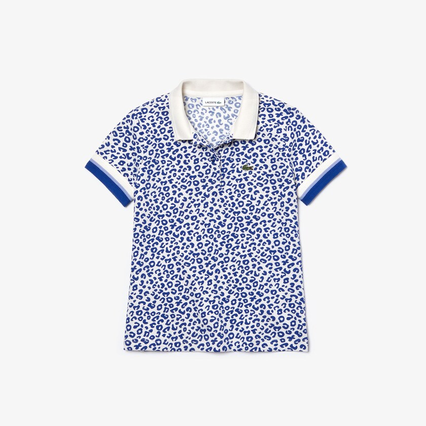Camisa Polo Lacoste Criança Branco Azuis Leopard Print Cotton Petit Piqué RT8-90849E8