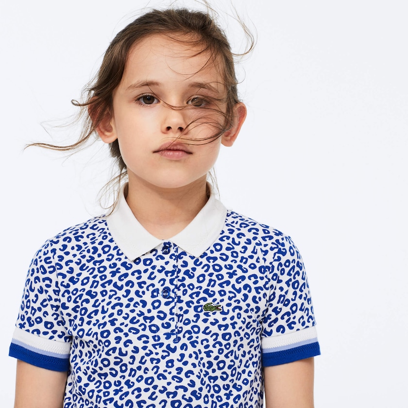 Camisa Polo Lacoste Criança Branco Azuis Leopard Print Cotton Petit Piqué RT8-90849E8