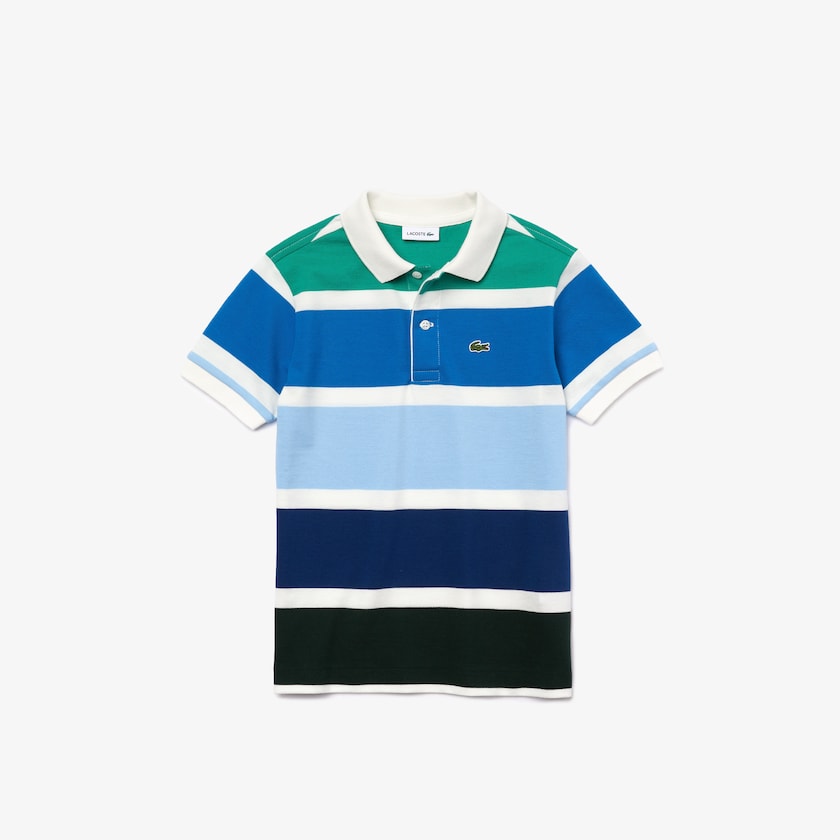 Camisa Polo Lacoste Criança Branco Azuis Verdes Multicolor Striped Cotton Piqué LW9-14651I8