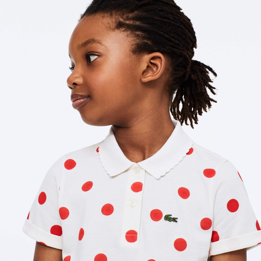 Camisa Polo Lacoste Criança Branco Vermelhas Polka Dot Scalloped Collar Cotton Petit Piqué QO1-33963M3