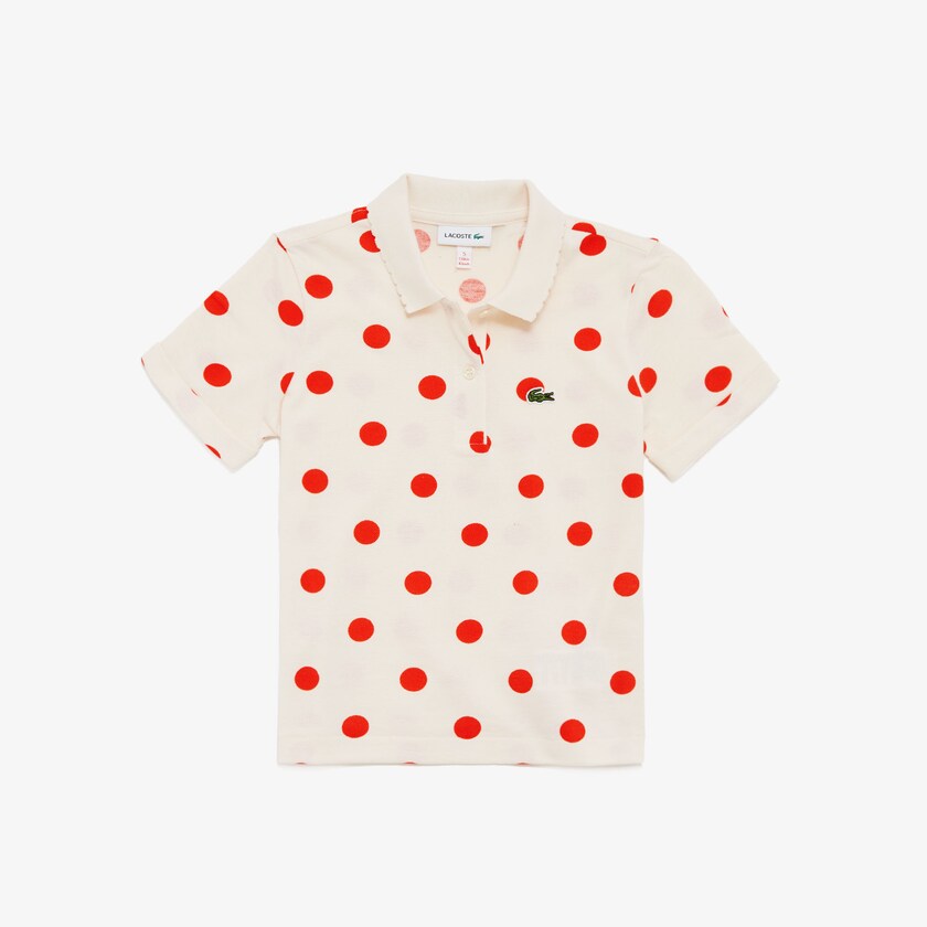 Camisa Polo Lacoste Criança Branco Vermelhas Polka Dot Scalloped Collar Cotton Petit Piqué QO1-33963M3