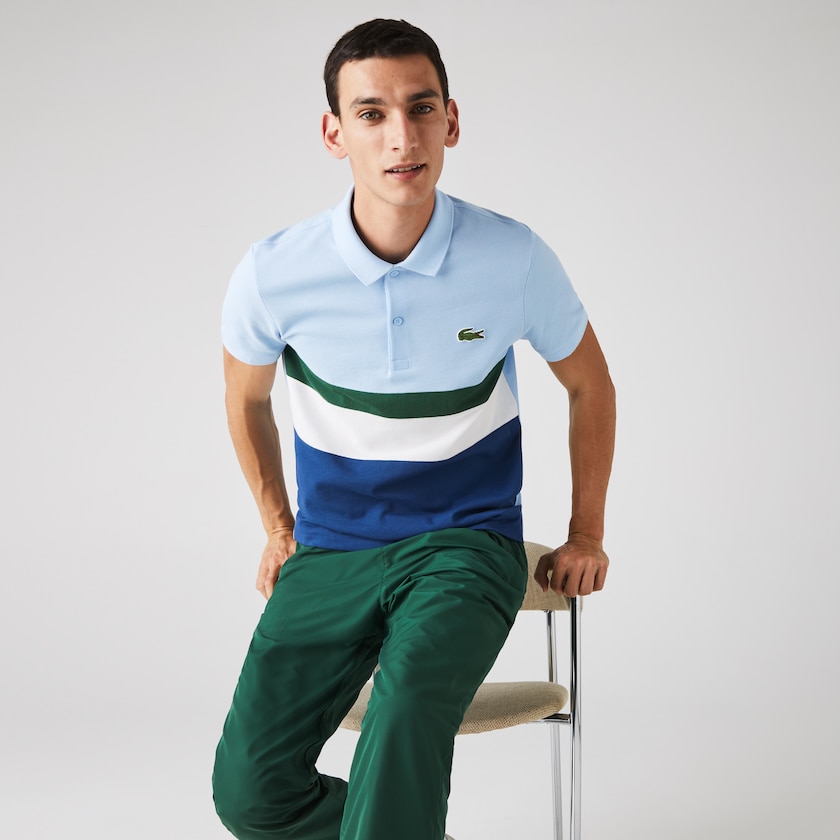 Camisa Polo Lacoste Masculino Azuis Branco Verdes Azuis Regular Fit Colorblock Cotton Piqué WS1-49754W5