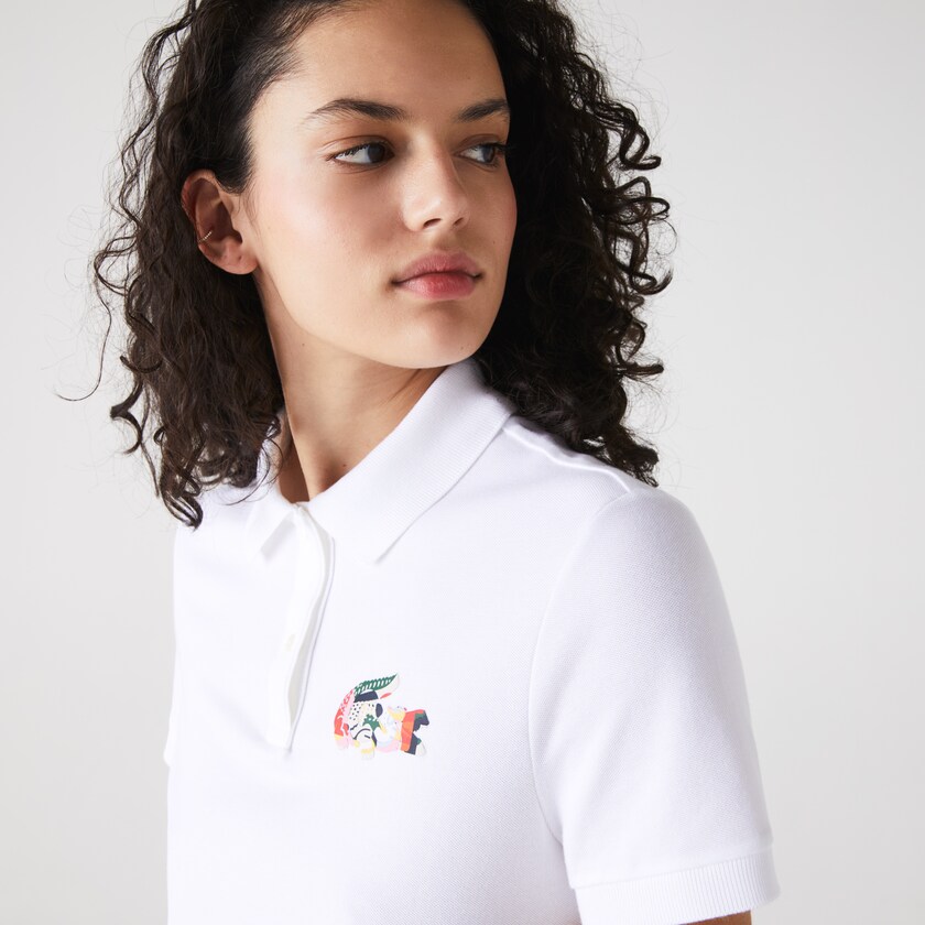 Camisa Polo Lacoste Feminino Branco Regular Fit Colored Crocodile Flowy Piqué BT0-49974Q7