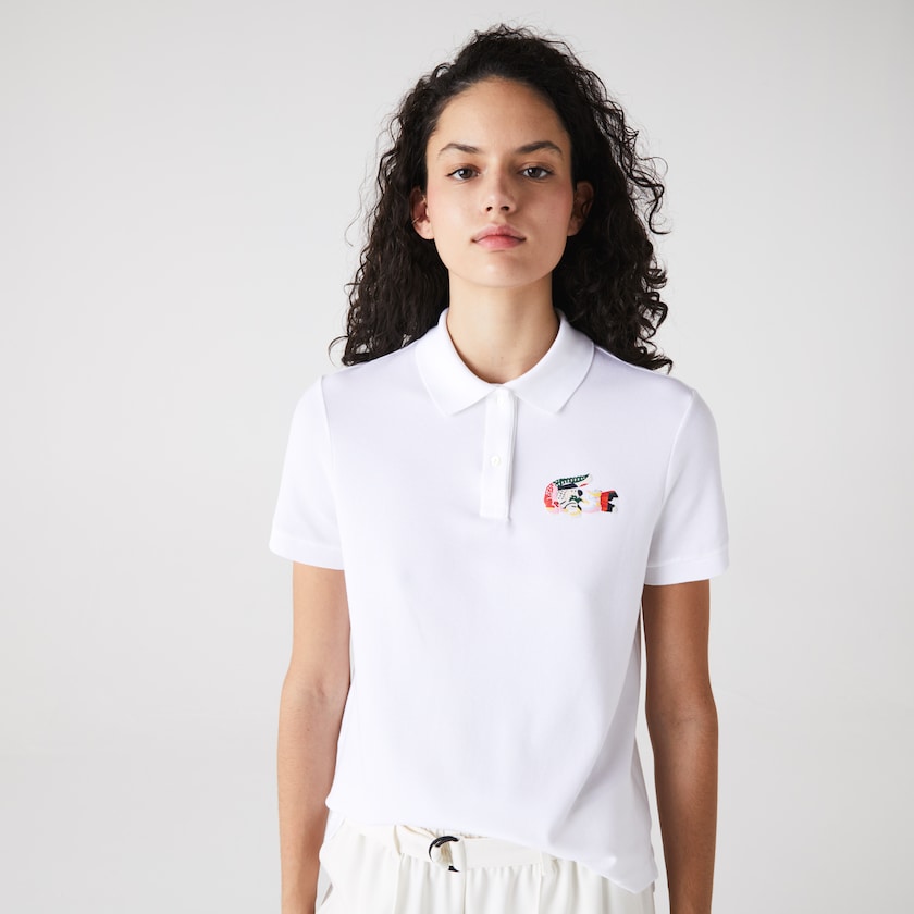 Camisa Polo Lacoste Feminino Branco Regular Fit Colored Crocodile Flowy Piqué BT0-49974Q7