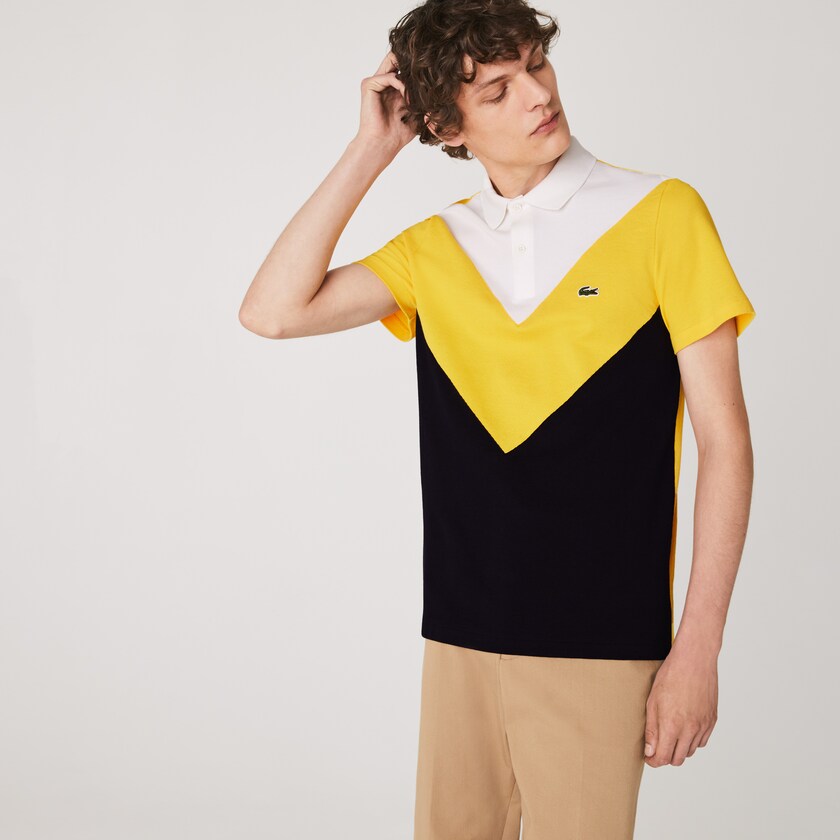Camisa Polo Lacoste Masculino Azul Marinho Azuis Amarelas Branco Regular Fit Geometric Colorblock Piqué WM4-14821S5