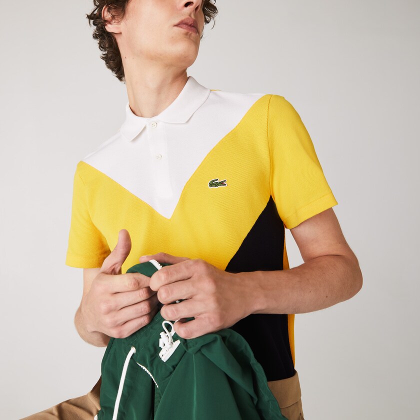Camisa Polo Lacoste Masculino Azul Marinho Azuis Amarelas Branco Regular Fit Geometric Colorblock Piqué WM4-14821S5