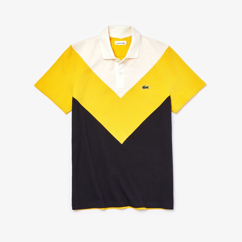 Camisa Polo Lacoste Masculino Azul Marinho Azuis Amarelas Branco Regular Fit Geometric Colorblock Piqué WM4-14821S5