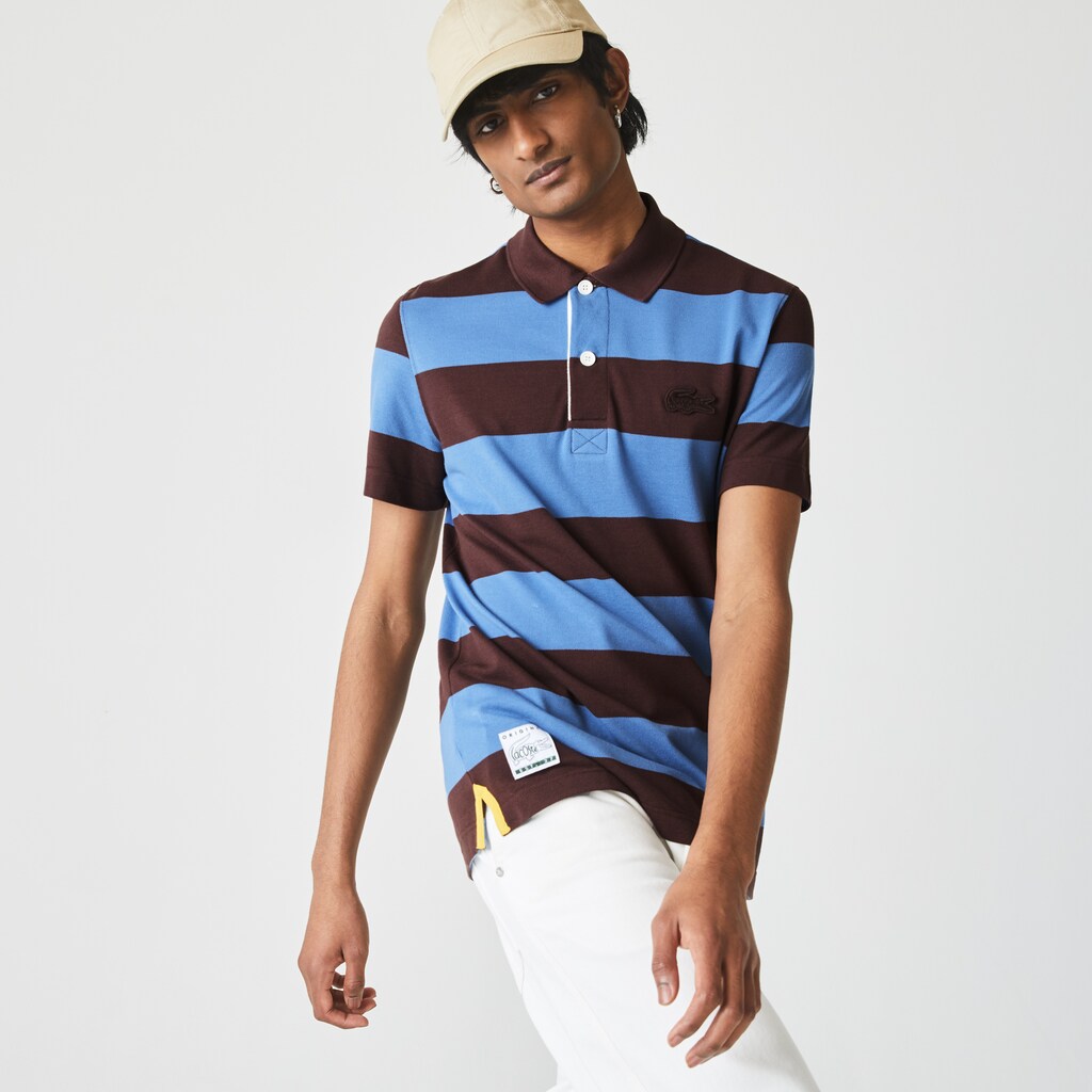 Camisa Polo Lacoste Masculino Marrom Azuis Regular Fit Striped Cotton Piqué TY5-67306B0