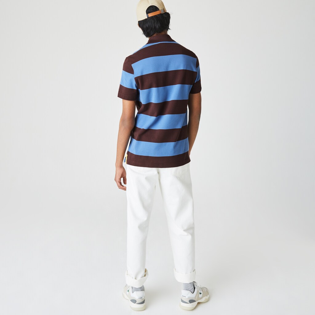 Camisa Polo Lacoste Masculino Marrom Azuis Regular Fit Striped Cotton Piqué TY5-67306B0
