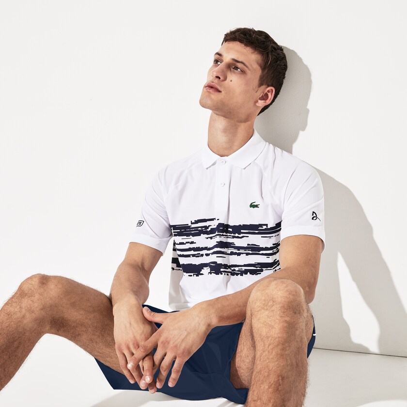 Camisa Polo Lacoste Masculino Branco Azul Marinho Azuis SPORT Novak Djokovic Stretch Print Jersey AG5-01510Z4